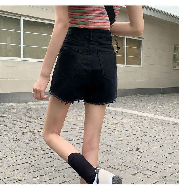 Women Denim Shorts Black High Waist Ripped 2021 — feature 18
