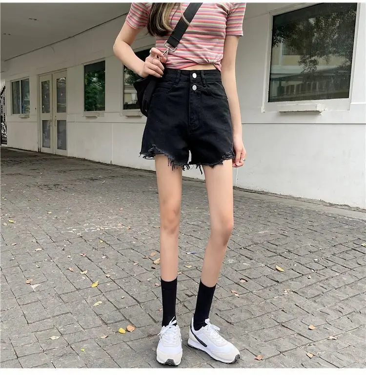 Women Denim Shorts Black High Waist Ripped 2021 — feature 19
