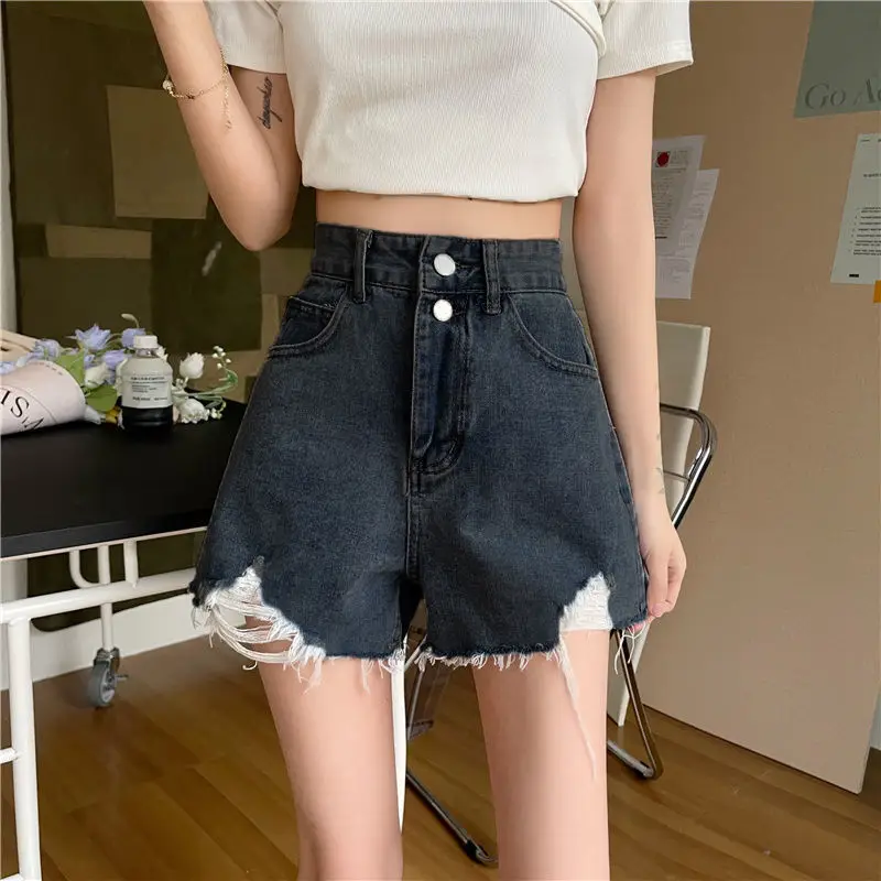 Women Denim Shorts Black High Waist Ripped 2021 - Image 4