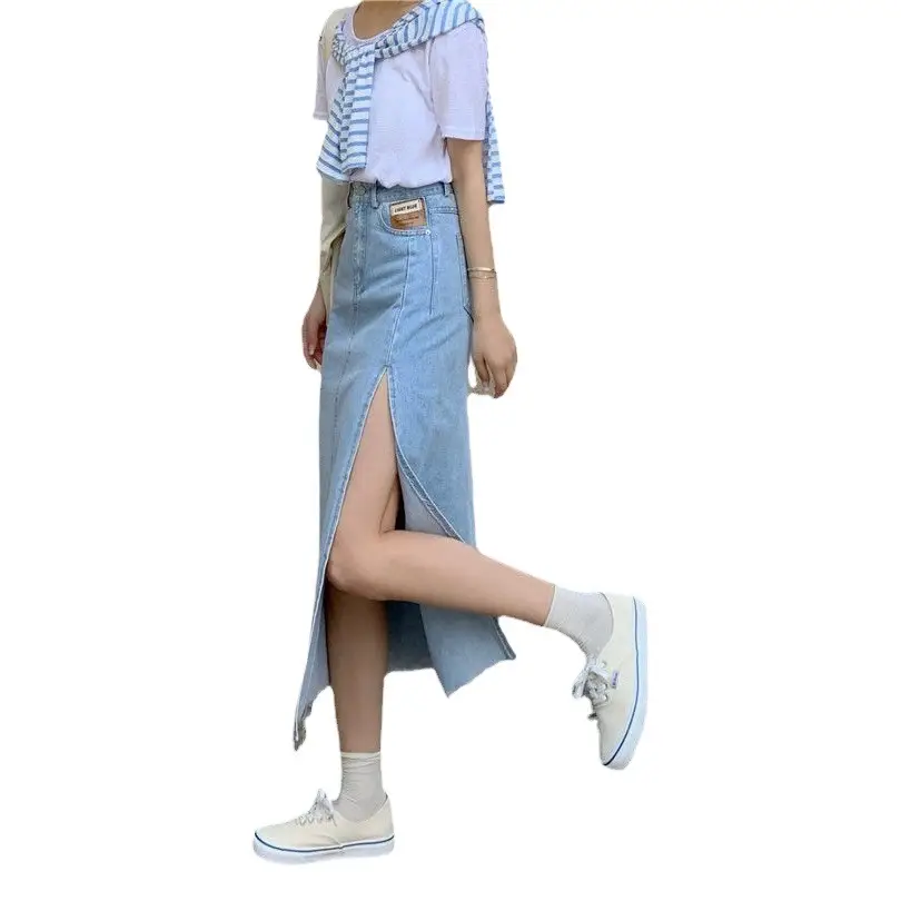 Black Side Slit Denim Skirt Women High Waist
