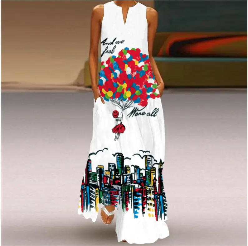 2021 V-Neck Printed Sleeveless Green Dress for Women - Image 44
