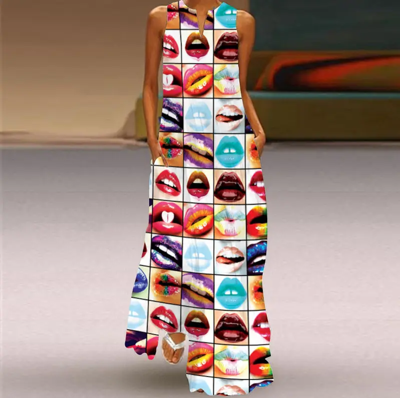 2021 V-Neck Printed Sleeveless Green Dress for Women - Image 10