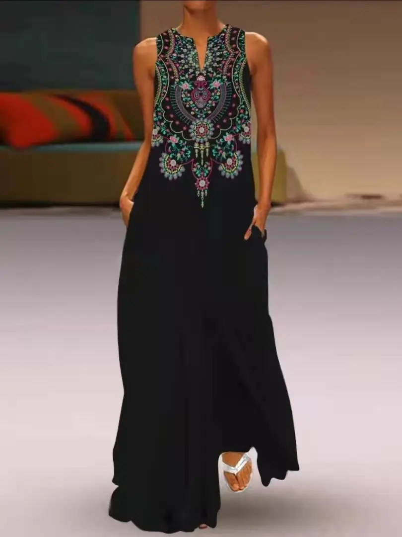 2021 V-Neck Printed Sleeveless Green Dress for Women - Image 11