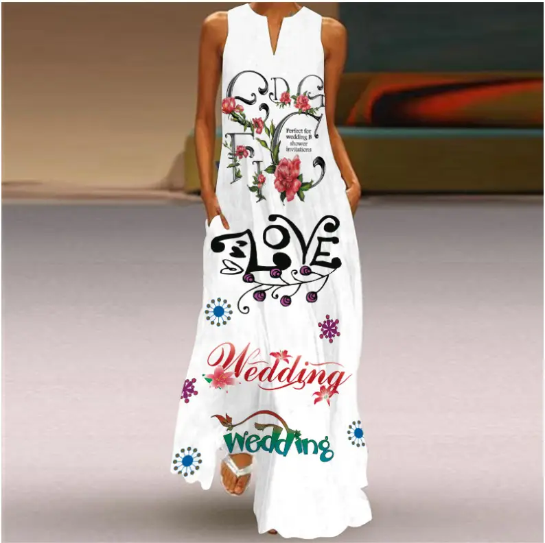 2021 V-Neck Printed Sleeveless Green Dress for Women - Image 2