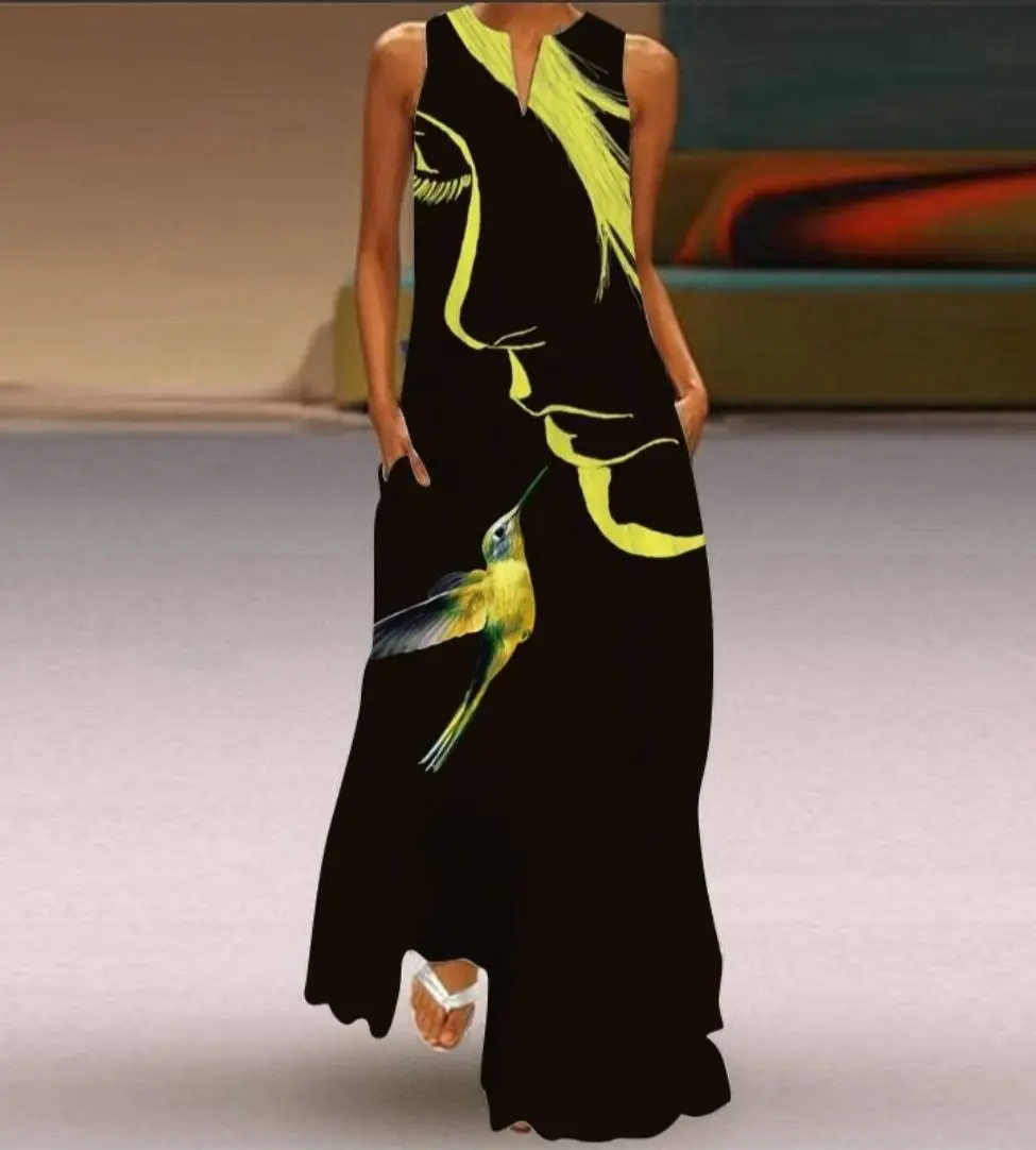 2021 V-Neck Printed Sleeveless Green Dress for Women - Image 17