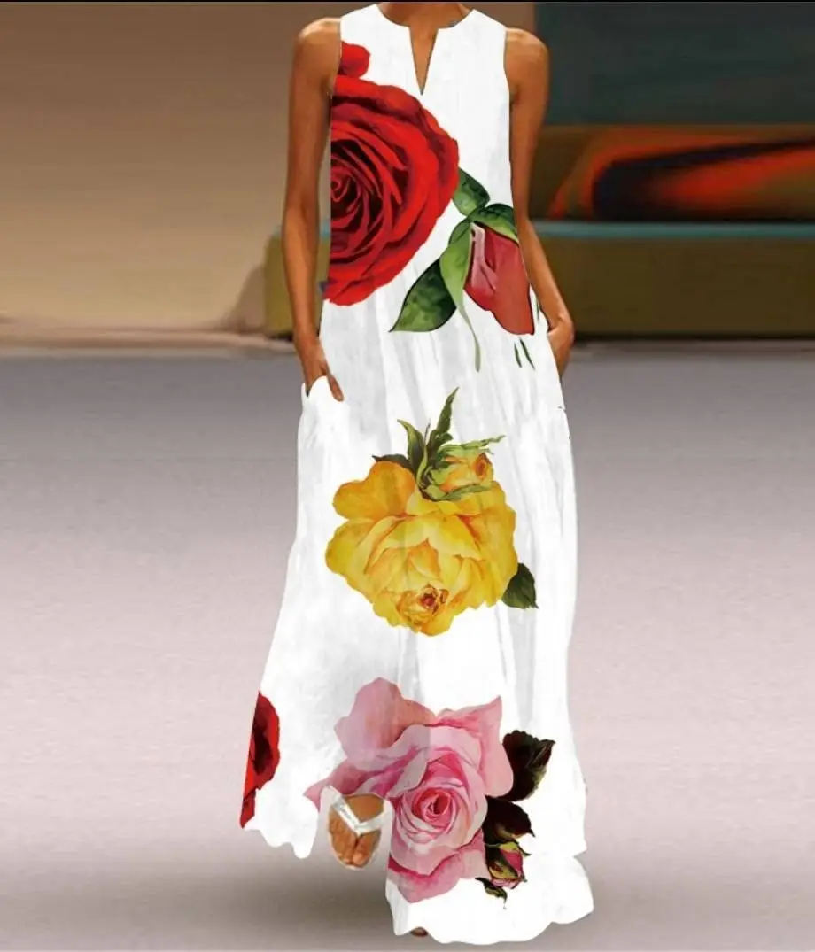 2021 V-Neck Printed Sleeveless Green Dress for Women - Image 18