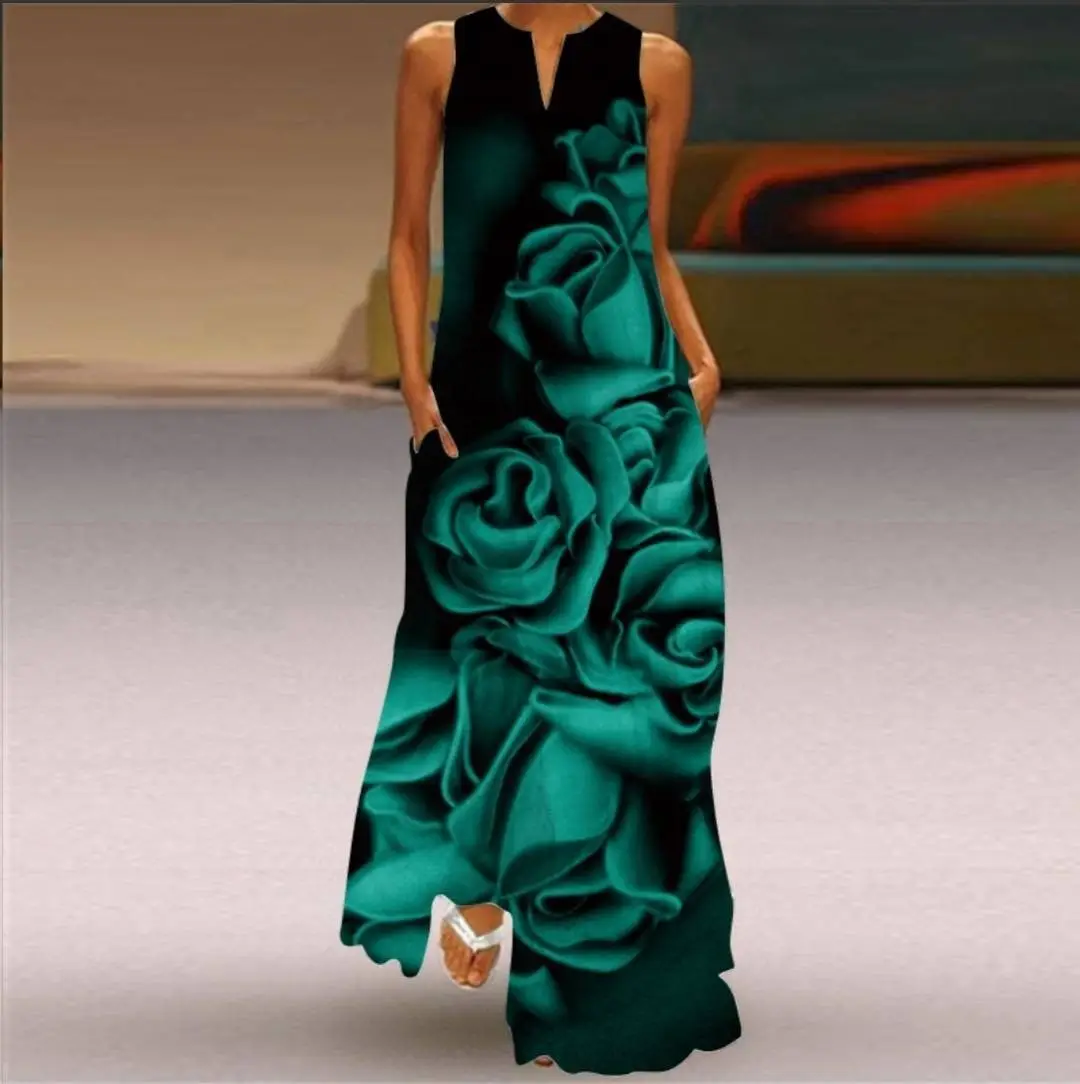 2021 V-Neck Printed Sleeveless Green Dress for Women - Image 20