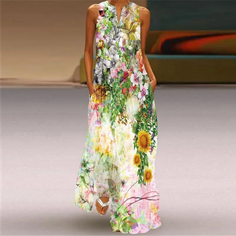 2021 V-Neck Printed Sleeveless Green Dress for Women - Image 22
