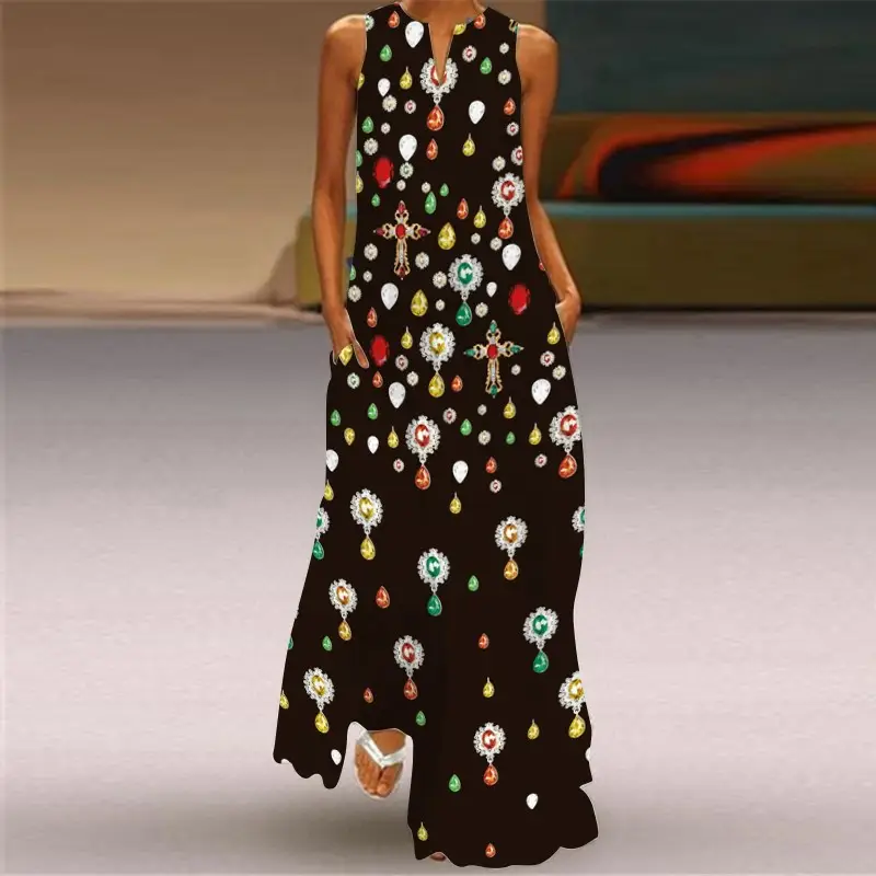 2021 V-Neck Printed Sleeveless Green Dress for Women - Image 28