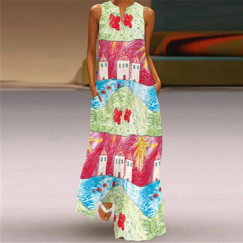 2021 V-Neck Printed Sleeveless Green Dress for Women - Image 30