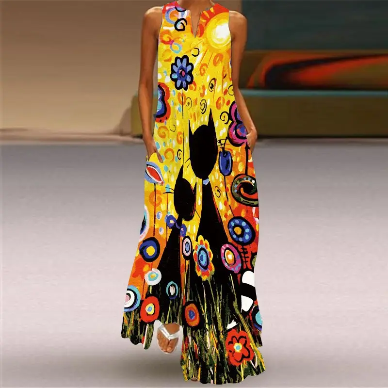 2021 V-Neck Printed Sleeveless Green Dress for Women - Image 38