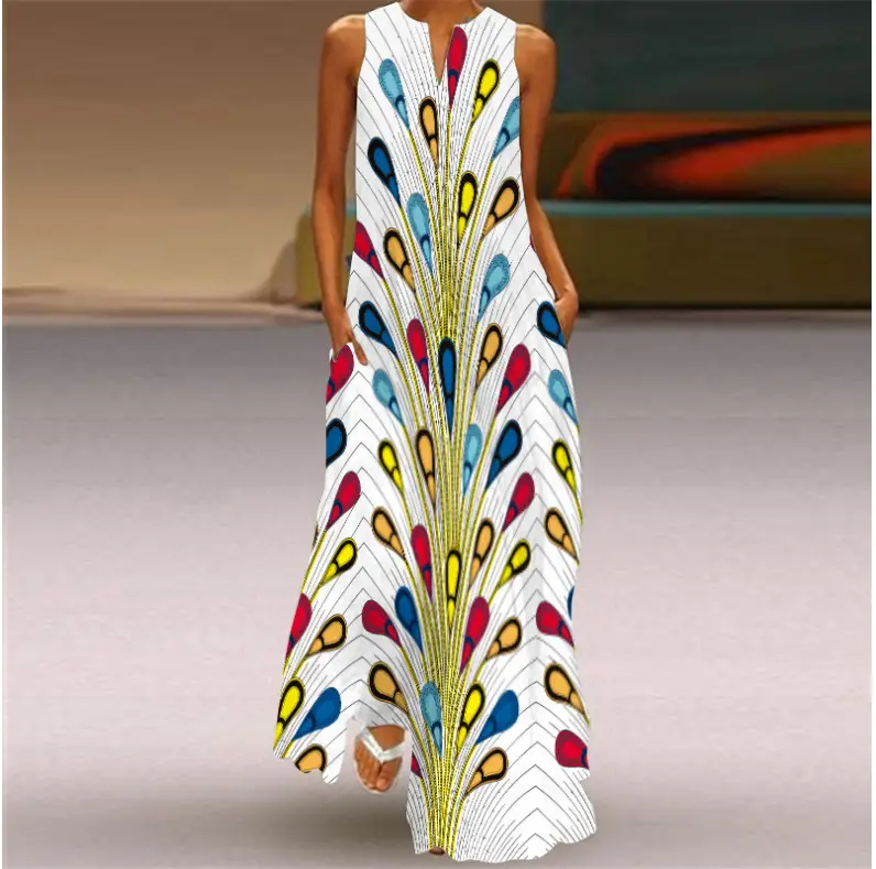 2021 V-Neck Printed Sleeveless Green Dress for Women - Image 5