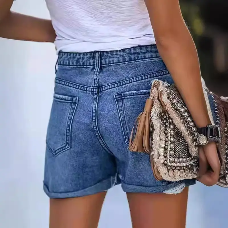 Ripped Denim Shorts Washed Retro Blue - Image 5
