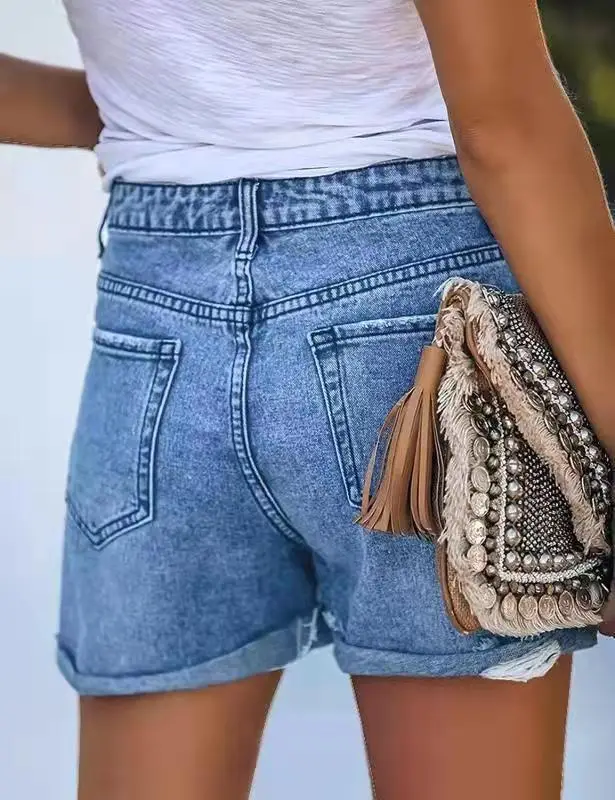 Ripped Denim Shorts Washed Retro Blue — feature 7