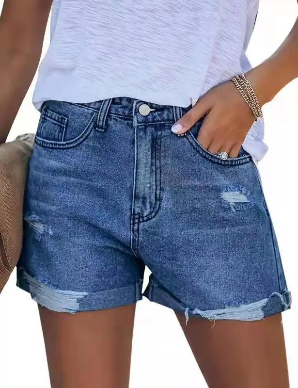 Ripped Denim Shorts Washed Retro Blue - Image 2