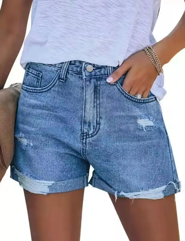 Ripped Denim Shorts Washed Retro Blue - Image 3