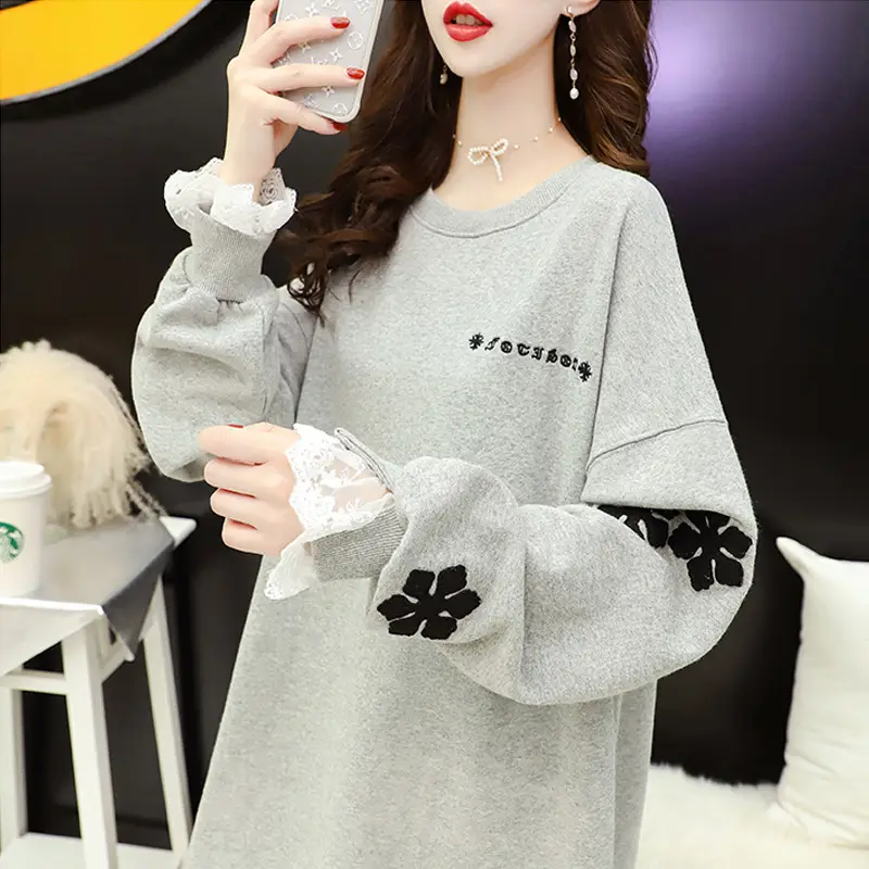Plus Size Korean Style Loose Sweater Top Grey Floral - Image 5