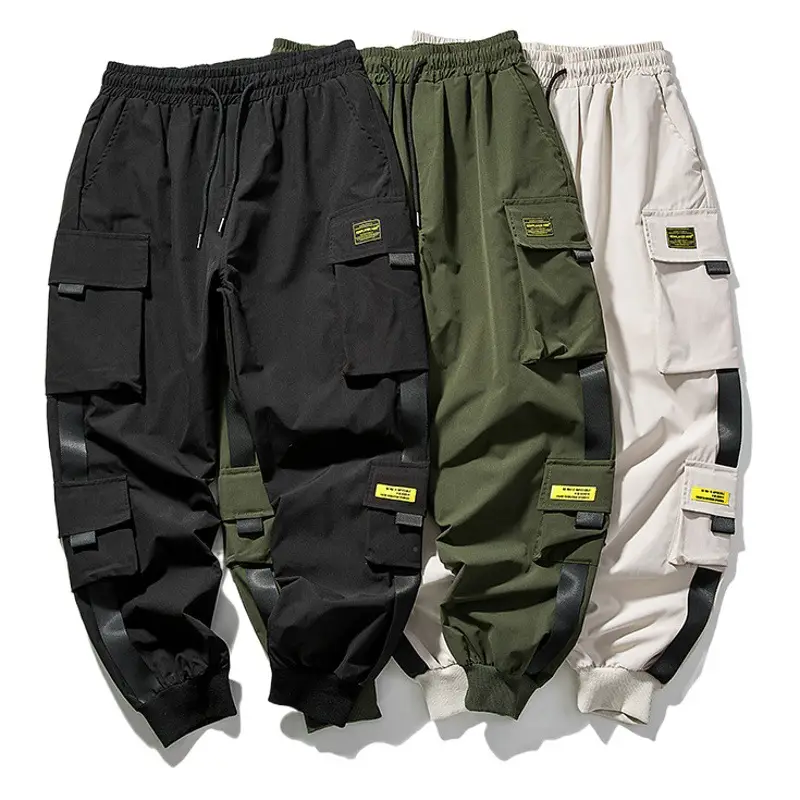 Men's Black Korean Style Ankle-Tied Pants with Yellow Accents