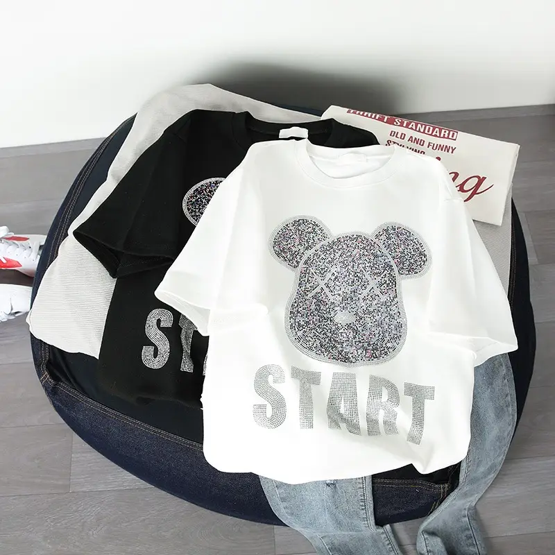 Korean Style White T-Shirt with Rhinestone Bear Design - Image 6