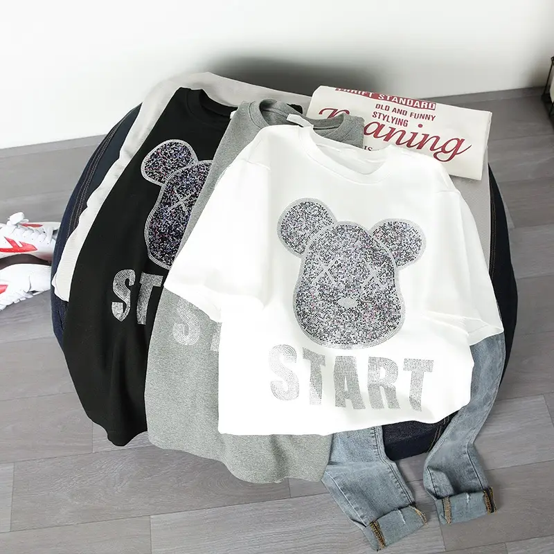 Korean Style White T-Shirt with Rhinestone Bear Design — feature 3