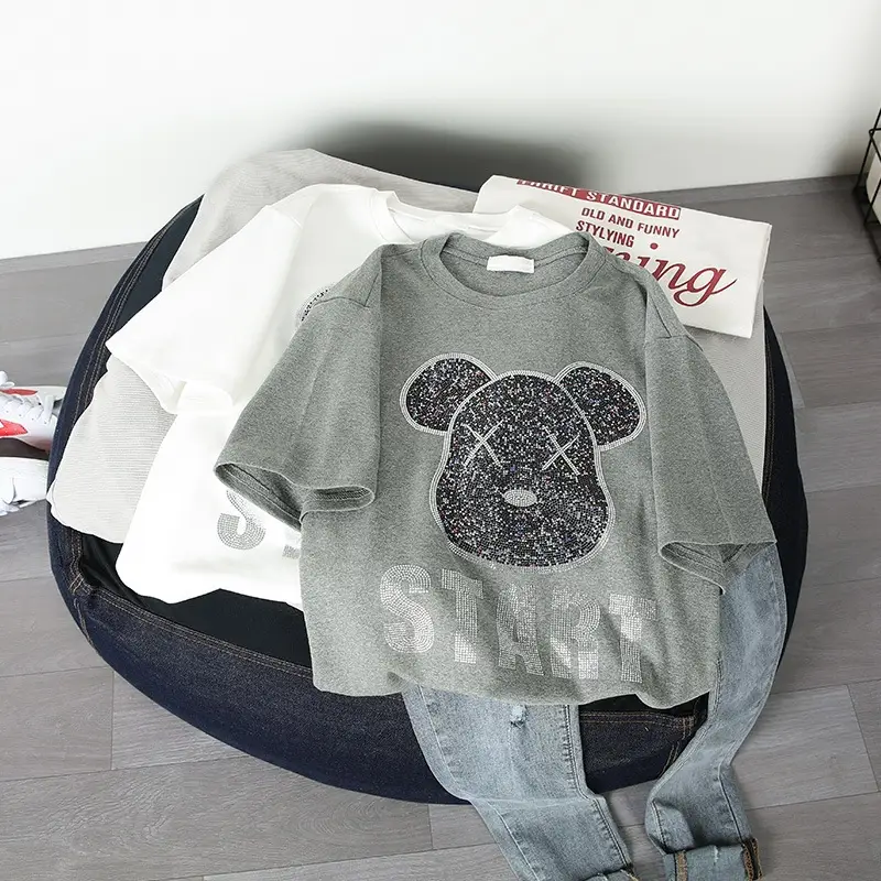 Korean Style White T-Shirt with Rhinestone Bear Design — feature 4