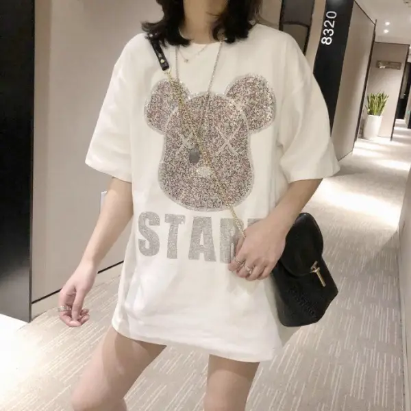 Korean Style White T-Shirt with Rhinestone Bear Design — feature 5