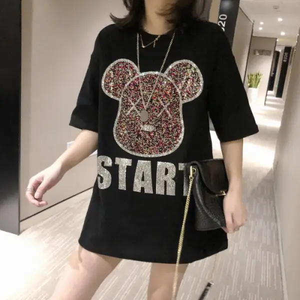 Korean Style White T-Shirt with Rhinestone Bear Design — feature 6