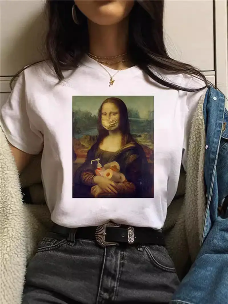 Mona Lisa Printed T-Shirt Women Short Sleeve White