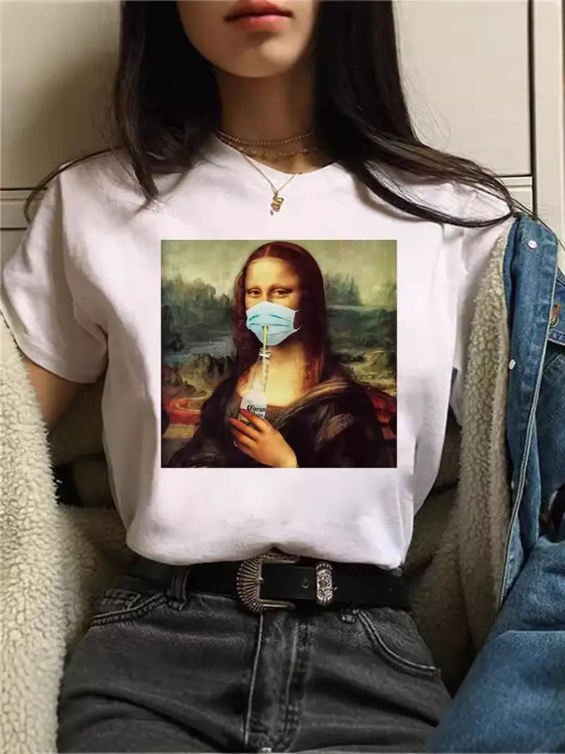Mona Lisa Printed T-Shirt Women Short Sleeve White