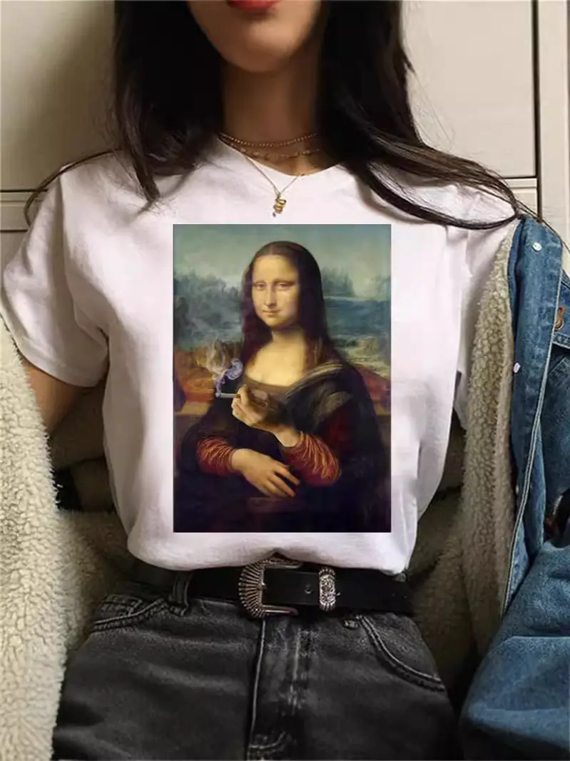 Mona Lisa Printed T-Shirt Women Short Sleeve White