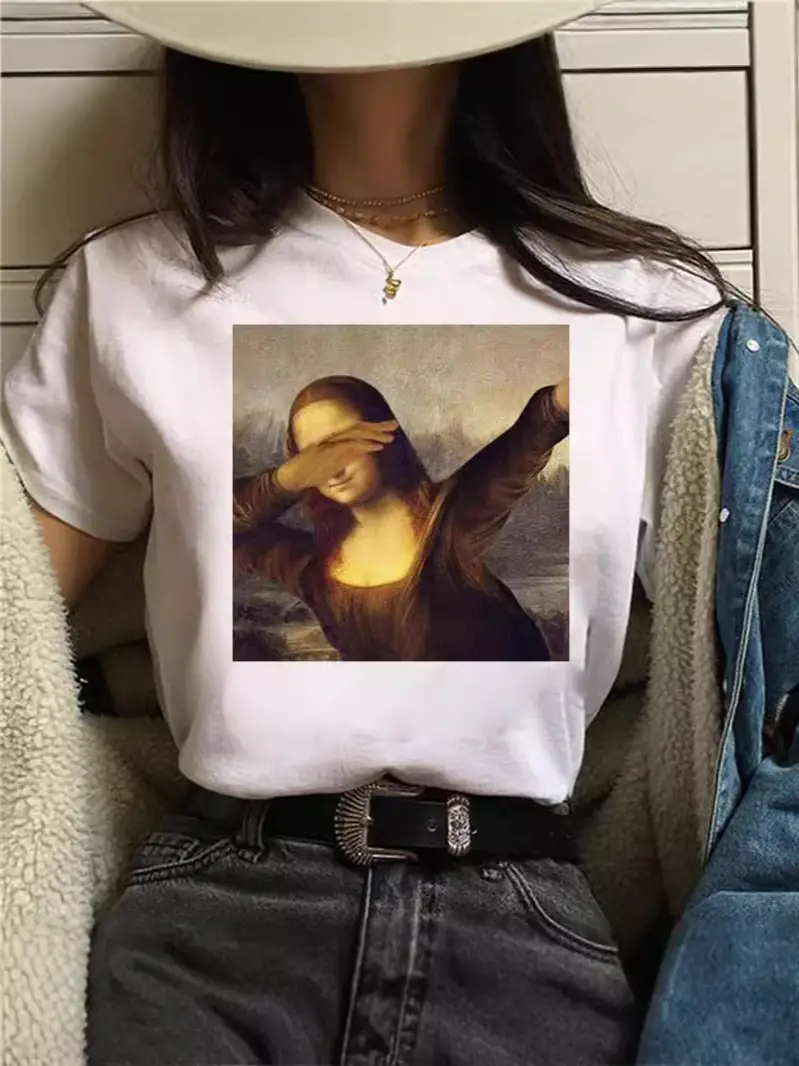 Mona Lisa Printed T-Shirt Women Short Sleeve White