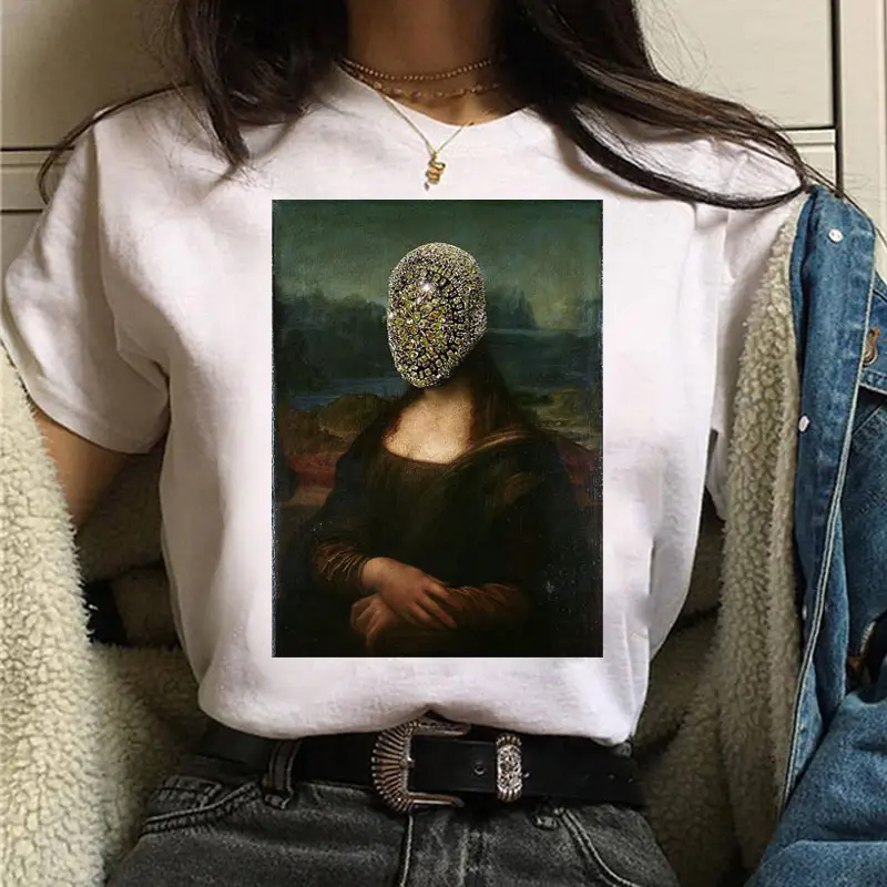 Mona Lisa Printed T-Shirt Women Short Sleeve White