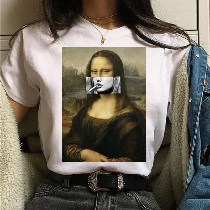 Mona Lisa Printed T-Shirt Women Short Sleeve White