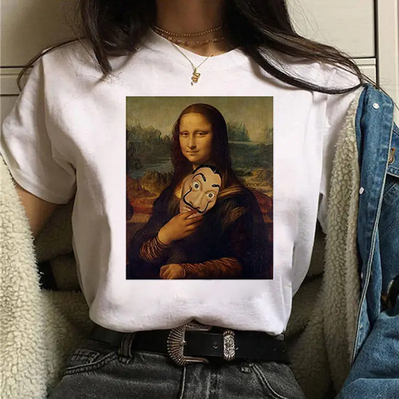 Mona Lisa Printed T-Shirt Women Short Sleeve White