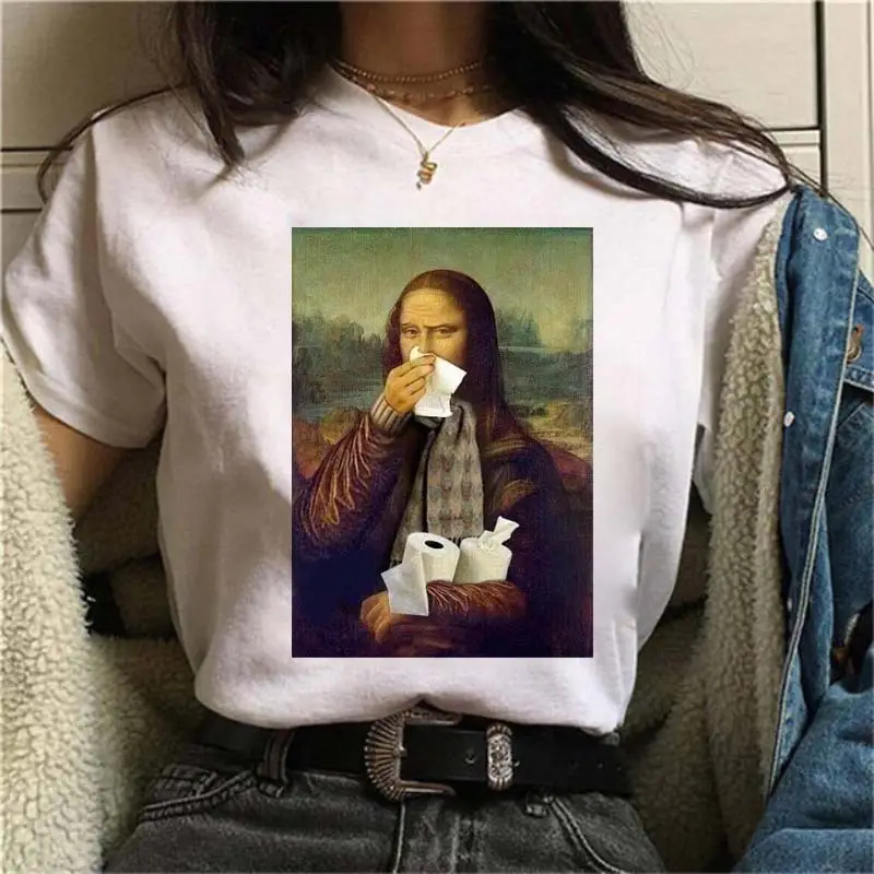 Mona Lisa Printed T-Shirt Women Short Sleeve White