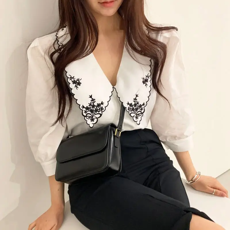 Women's Black Embroidered Lapel Shirt with White Contrast - Image 4