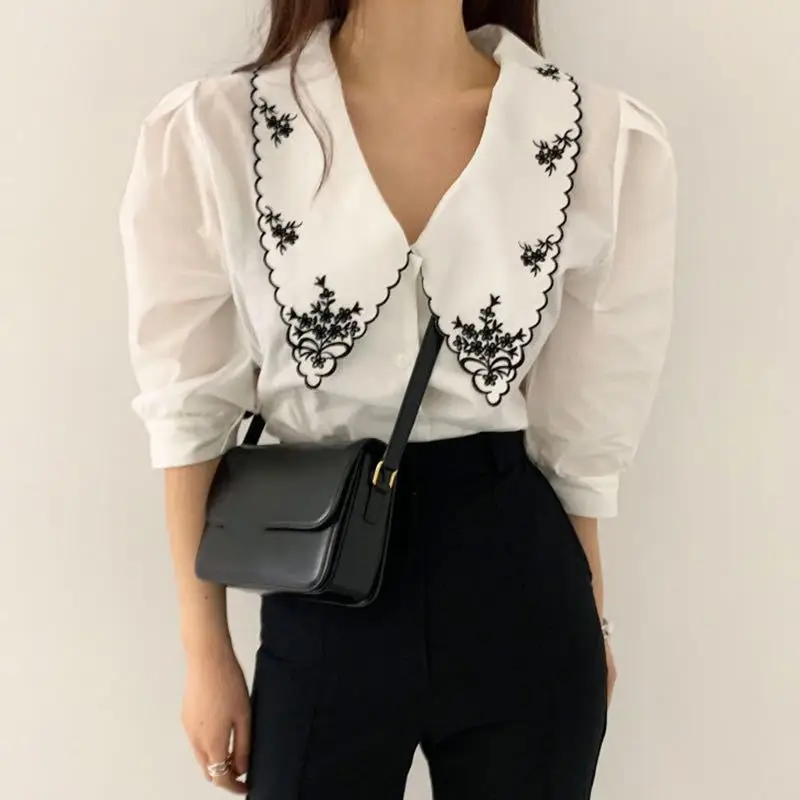 Women's Black Embroidered Lapel Shirt with White Contrast - Image 6