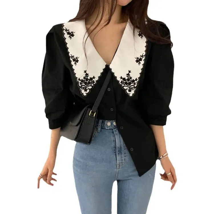 Women's Black Embroidered Lapel Shirt with White Contrast - Image 7