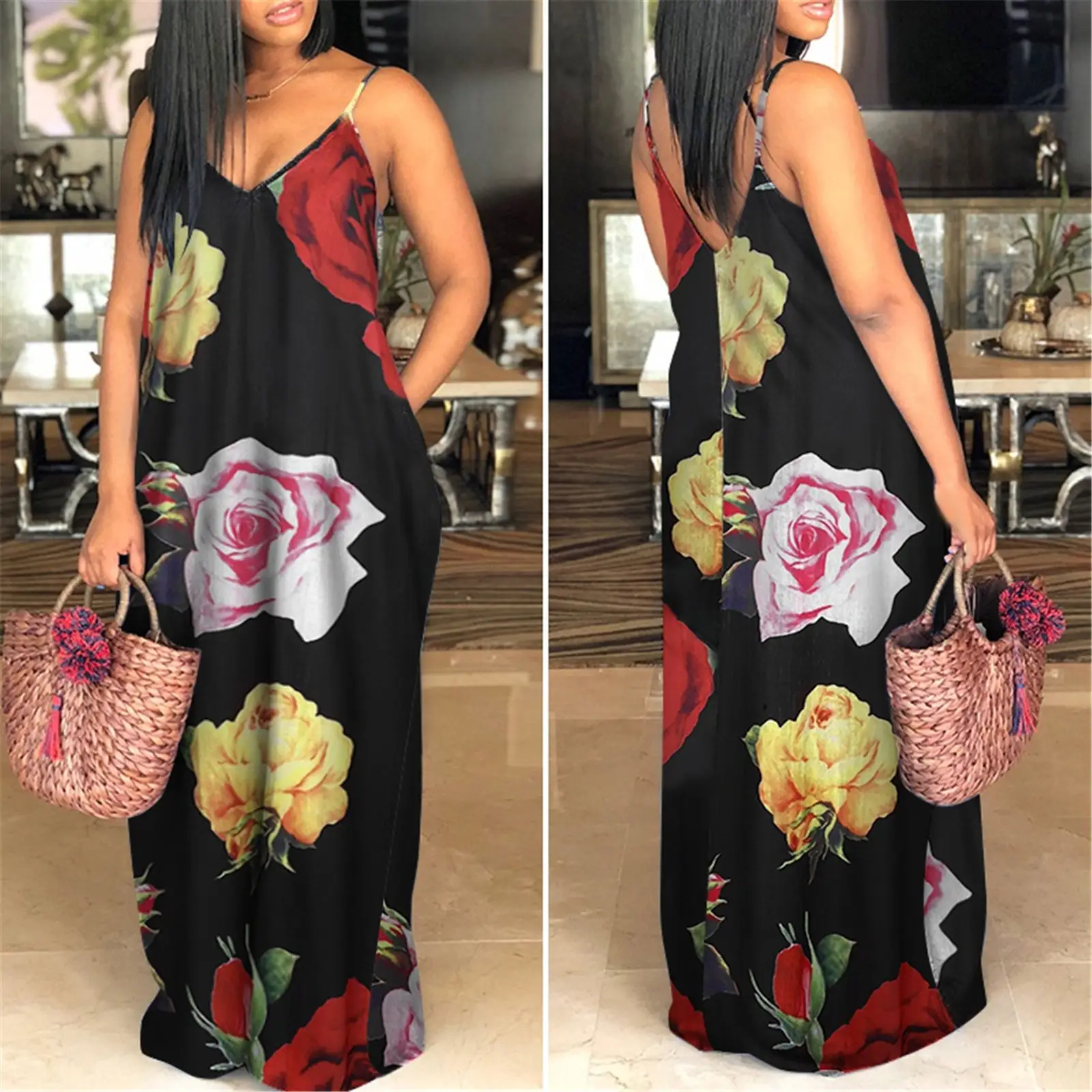 Women's Black Polka Dot Long V-Neck Strap Dress