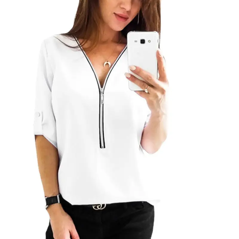 Women V-Neck Zipper T-Shirt Pink Long Sleeve - Image 10
