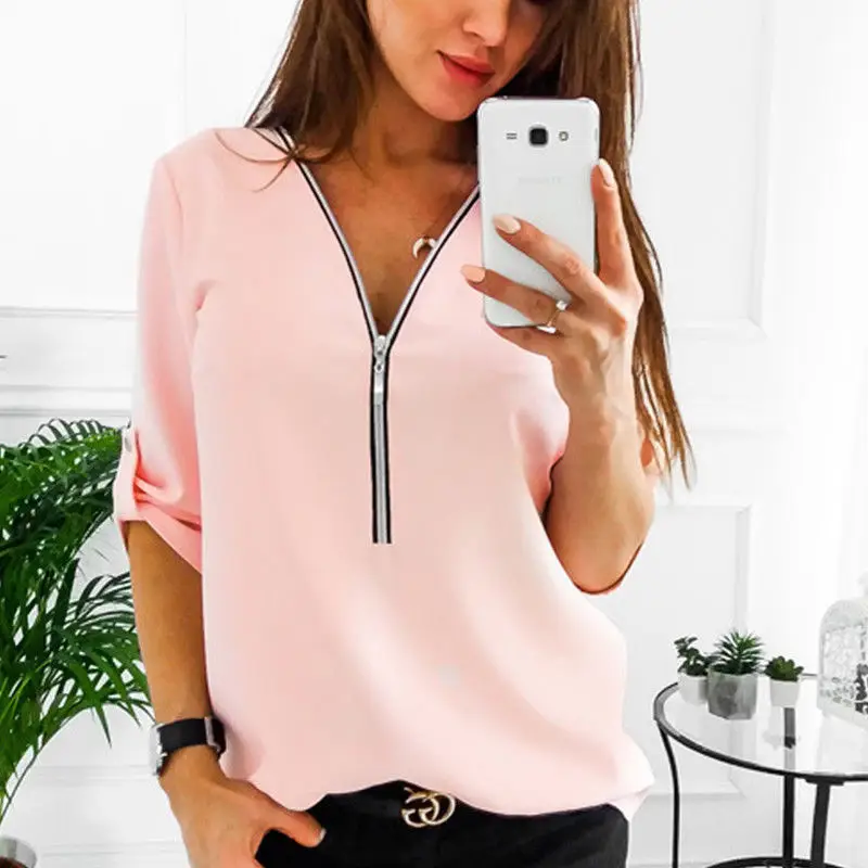 Women V-Neck Zipper T-Shirt Pink Long Sleeve - Image 2