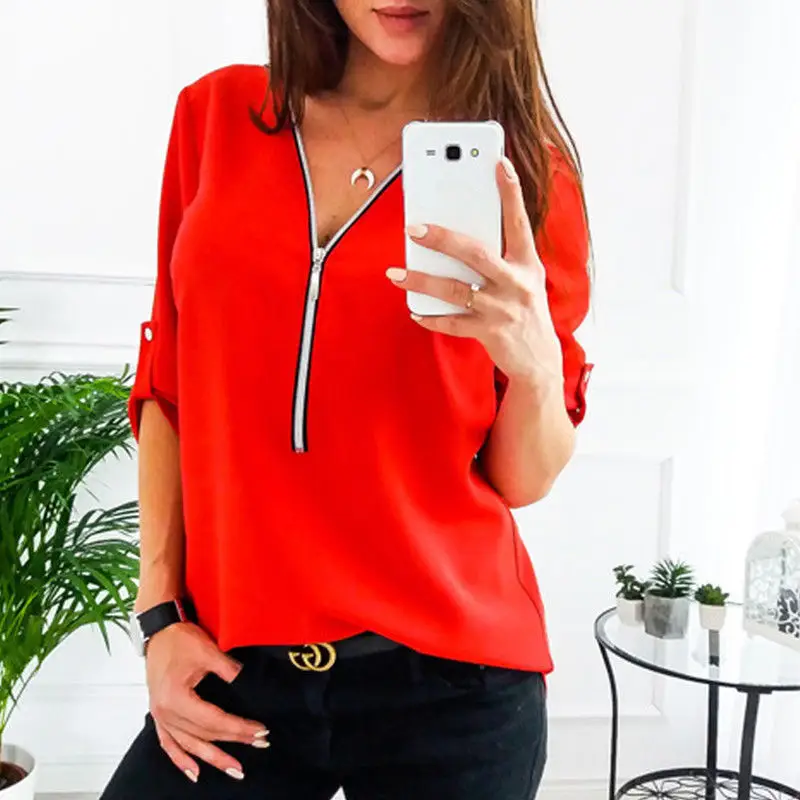 Women V-Neck Zipper T-Shirt Pink Long Sleeve - Image 3