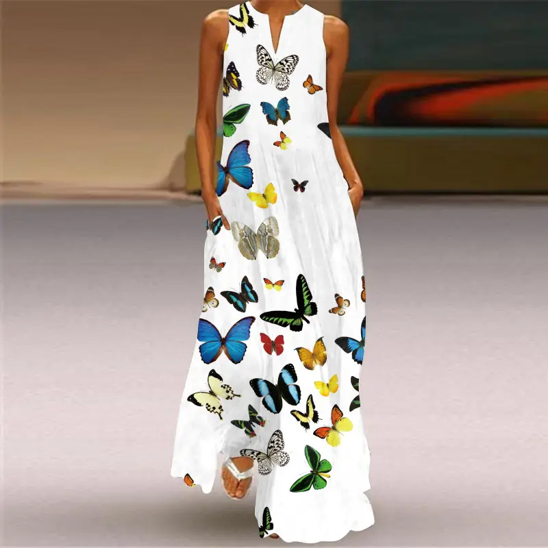 2026 Summer V-Neck Sleeveless Dress with Butterfly Print - Image 3