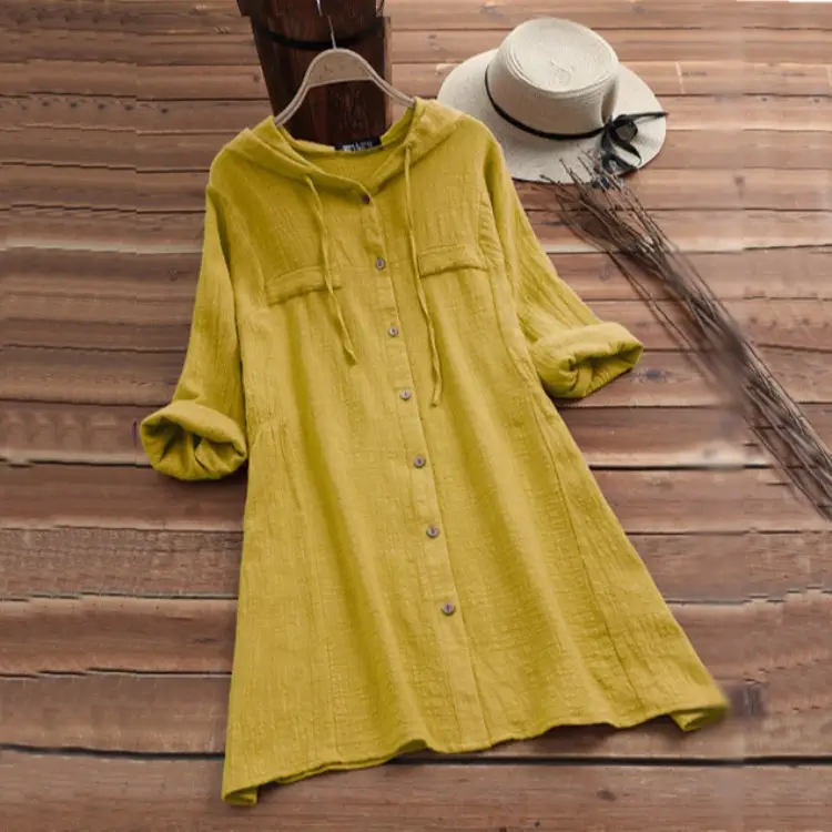 Cotton Linen Hooded Long Sleeve Cardigan Shirt Solid Rust - Image 7
