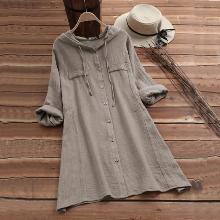 Cotton Linen Hooded Long Sleeve Cardigan Shirt Solid Rust - Image 8