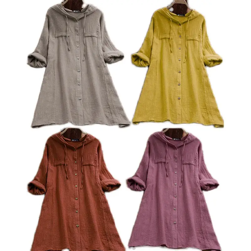 Cotton Linen Hooded Long Sleeve Cardigan Shirt Solid Rust - Image 9