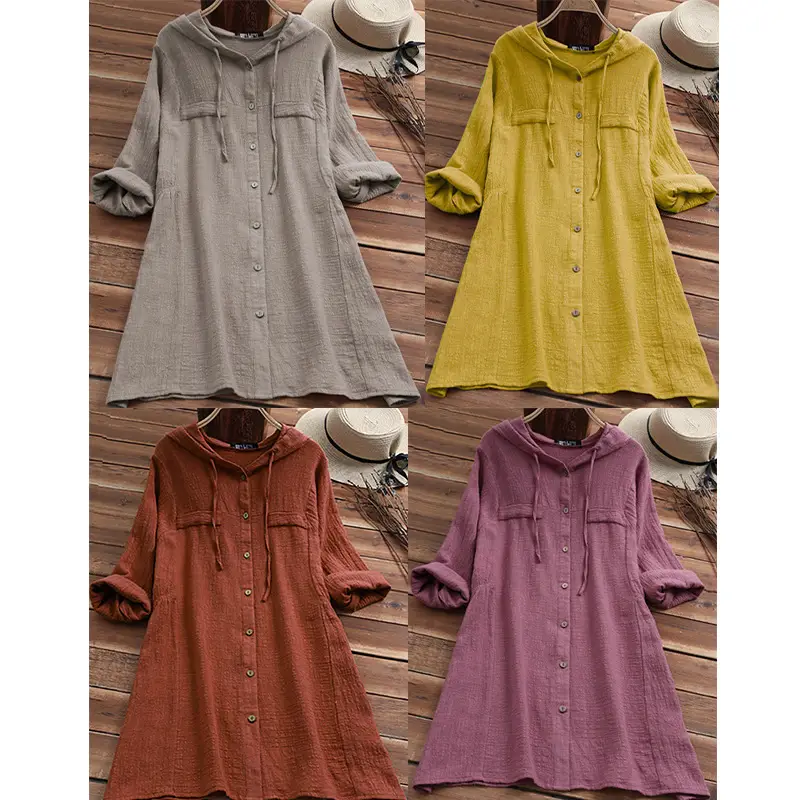 Cotton Linen Hooded Long Sleeve Cardigan Shirt Solid Rust — feature 2