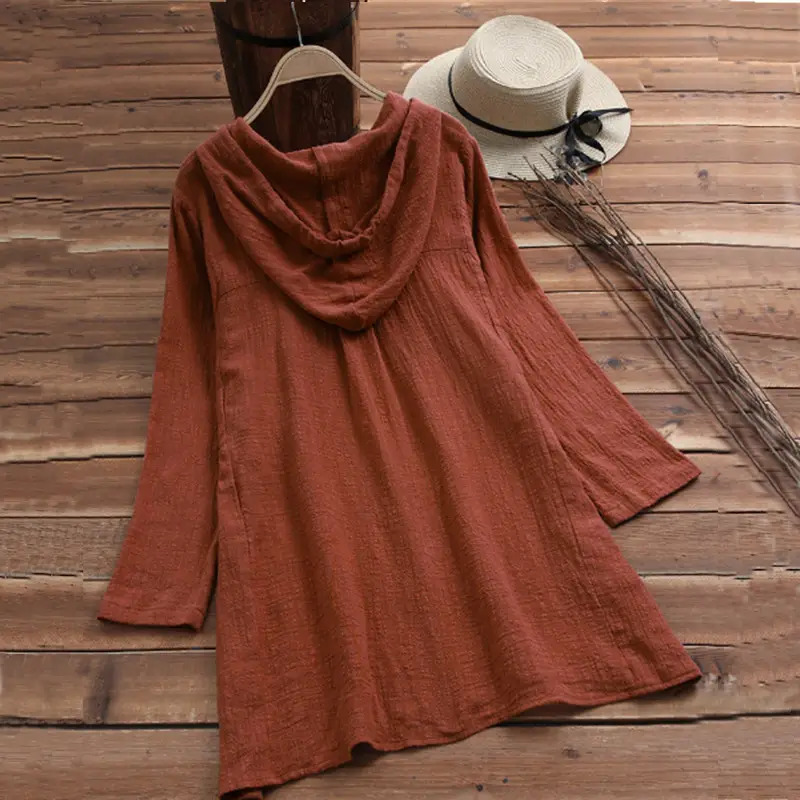 Cotton Linen Hooded Long Sleeve Cardigan Shirt Solid Rust — feature 7