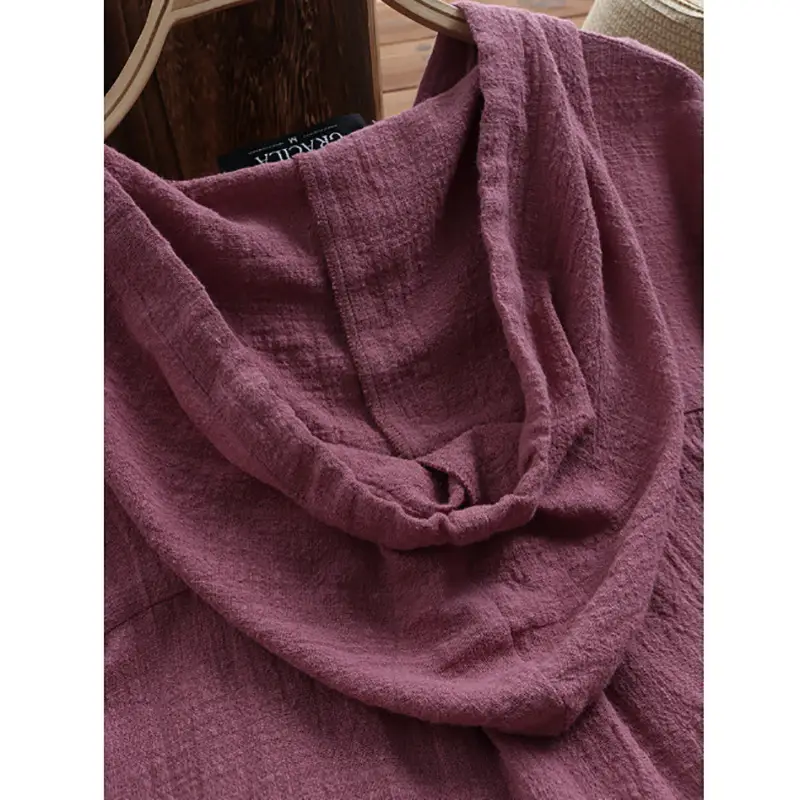 Cotton Linen Hooded Long Sleeve Cardigan Shirt Solid Rust — feature 8