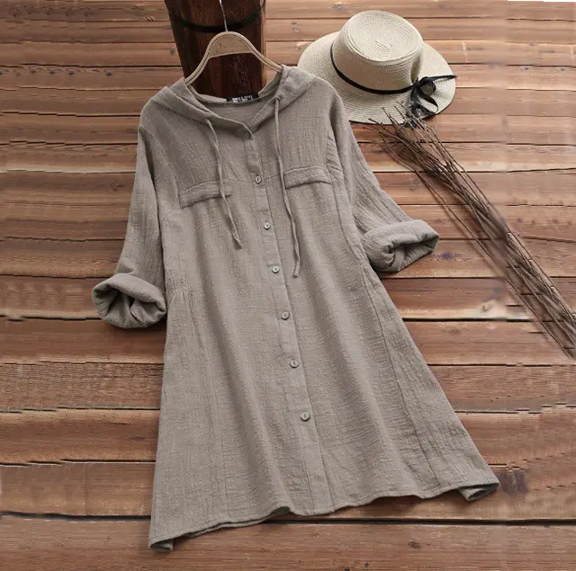 Cotton Linen Hooded Long Sleeve Cardigan Shirt Solid Rust - Image 2
